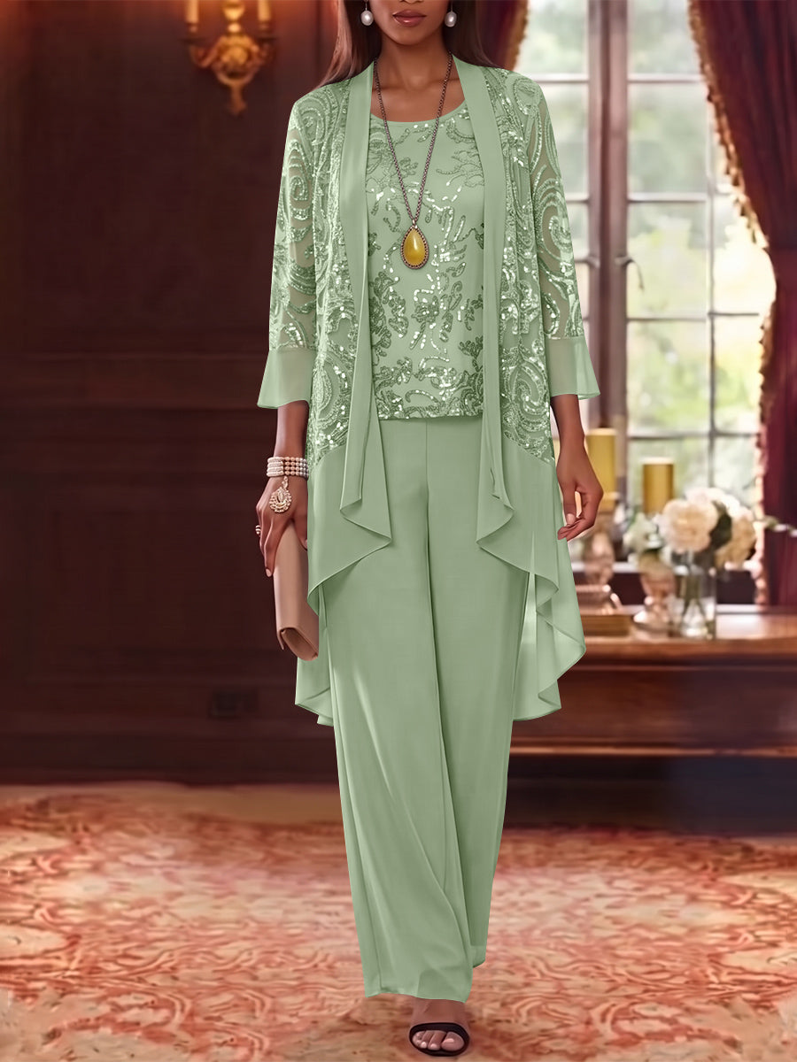 3 Pieces Scoop Chiffon Mother of the Bride Pantsuits with Jacket 3/4 Sleeves Ankle-Length Floral Sequins
