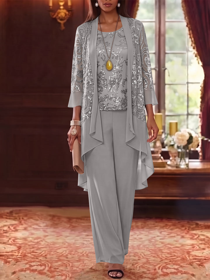 3 Pieces Scoop Chiffon Mother of the Bride Pantsuits with Jacket 3/4 Sleeves Ankle-Length Floral Sequins