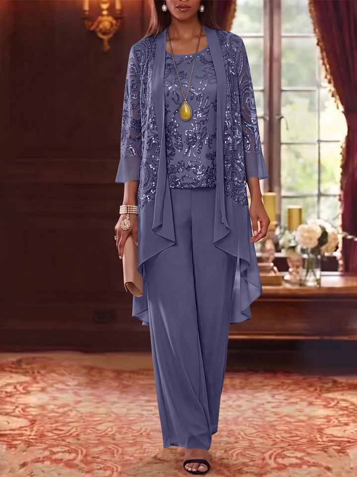 3 Pieces Scoop Chiffon Mother of the Bride Pantsuits with Jacket 3/4 Sleeves Ankle-Length Floral Sequins