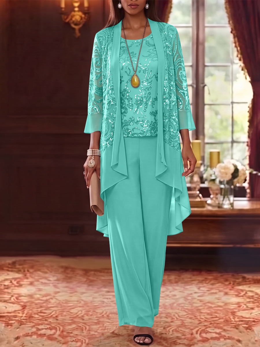 3 Pieces Scoop Chiffon Mother of the Bride Pantsuits with Jacket 3/4 Sleeves Ankle-Length Floral Sequins