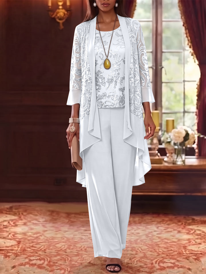 3 Pieces Scoop Chiffon Mother of the Bride Pantsuits with Jacket 3/4 Sleeves Ankle-Length Floral Sequins