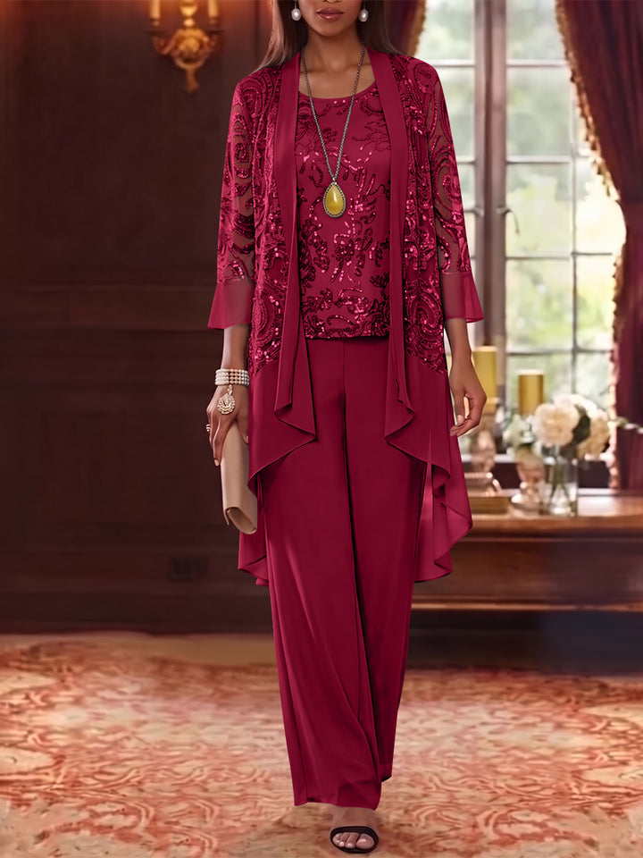 3 Pieces Scoop Chiffon Mother of the Bride Pantsuits with Jacket 3/4 Sleeves Ankle-Length Floral Sequins