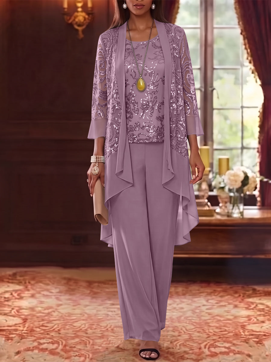 3 Pieces Scoop Chiffon Mother of the Bride Pantsuits with Jacket 3/4 Sleeves Ankle-Length Floral Sequins