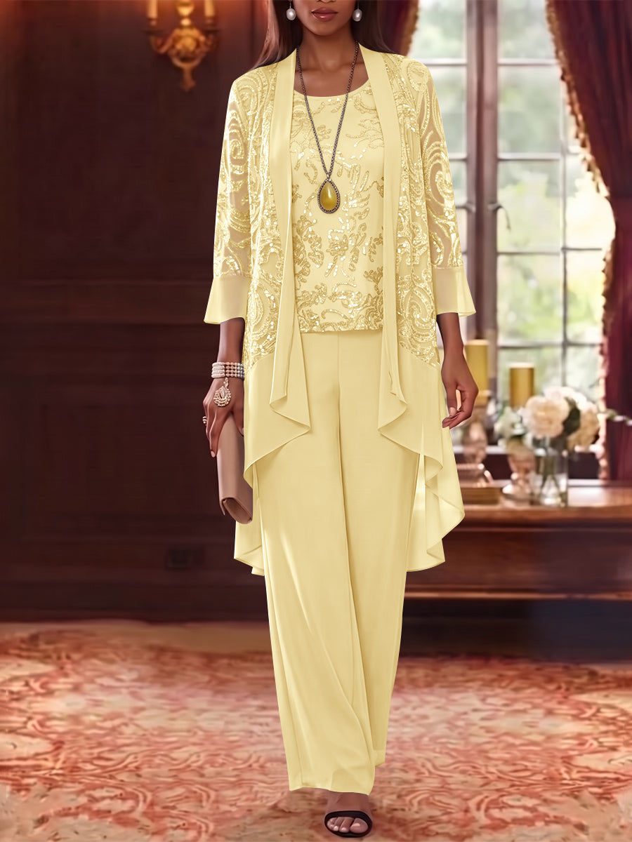3 Pieces Scoop Chiffon Mother of the Bride Pantsuits with Jacket 3/4 Sleeves Ankle-Length Floral Sequins