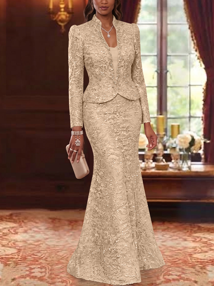 2 Pieces Trumpet/Mermaid V-Neck Lace Mother of the Bride Dresses with Jacket Long Sleeves Floor-Length Floral