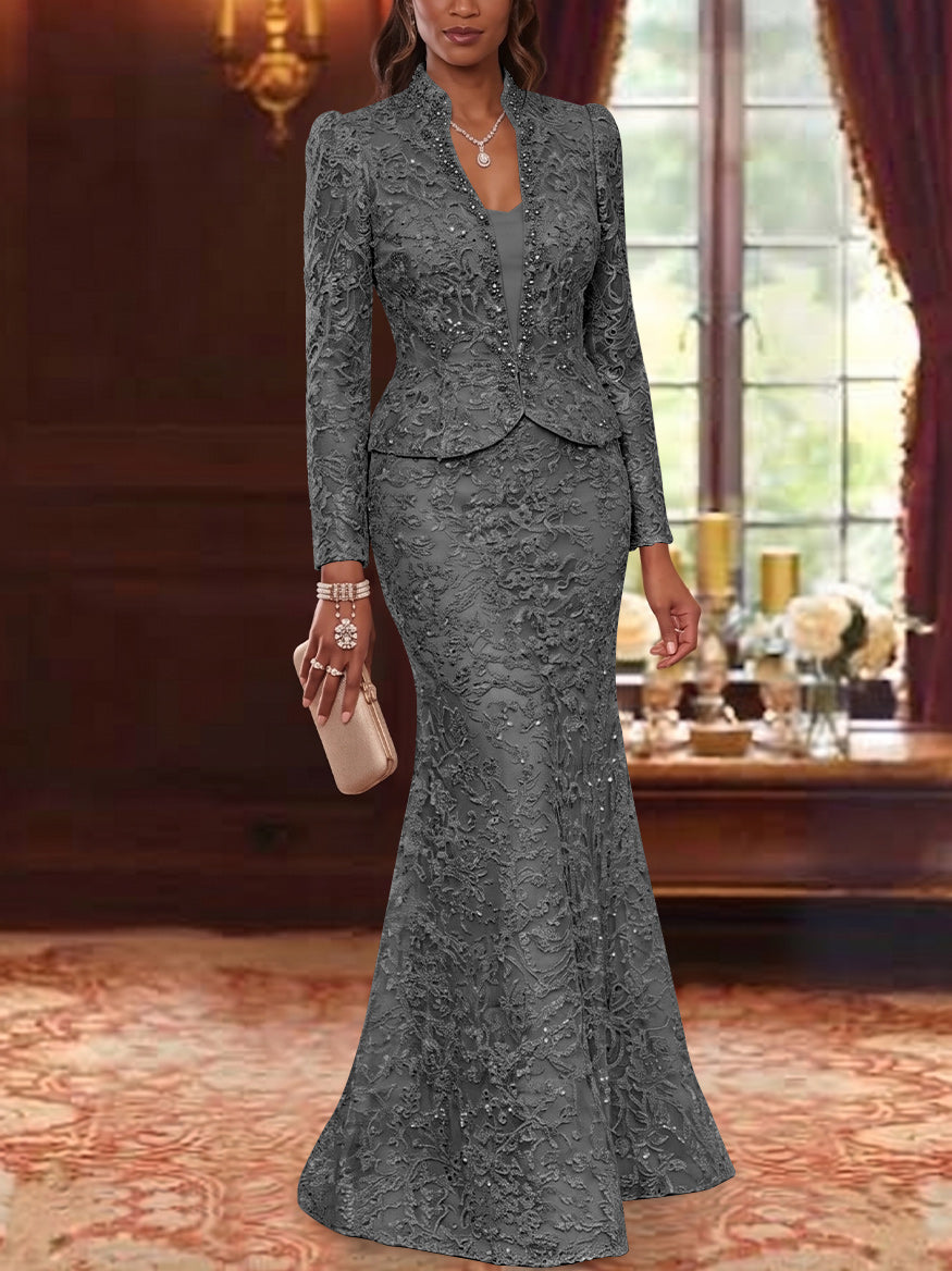 2 Pieces Trumpet/Mermaid V-Neck Lace Mother of the Bride Dresses with Jacket Long Sleeves Floor-Length Floral