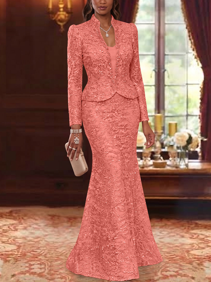 2 Pieces Trumpet/Mermaid V-Neck Lace Mother of the Bride Dresses with Jacket Long Sleeves Floor-Length Floral