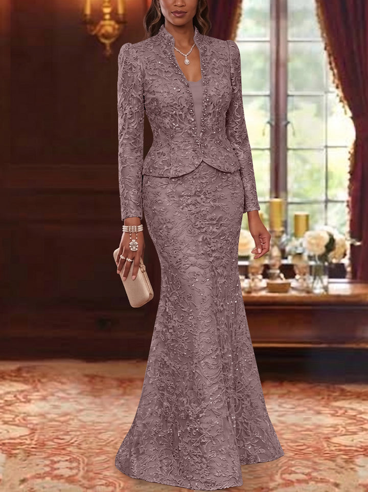 2 Pieces Trumpet/Mermaid V-Neck Lace Mother of the Bride Dresses with Jacket Long Sleeves Floor-Length Floral