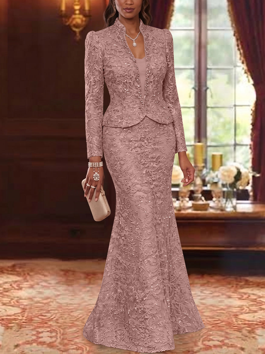 2 Pieces Trumpet/Mermaid V-Neck Lace Mother of the Bride Dresses with Jacket Long Sleeves Floor-Length Floral
