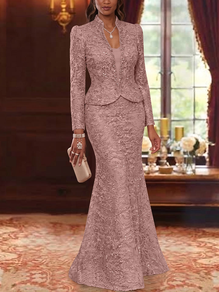 2 Pieces Trumpet/Mermaid V-Neck Lace Mother of the Bride Dresses with Jacket Long Sleeves Floor-Length Floral