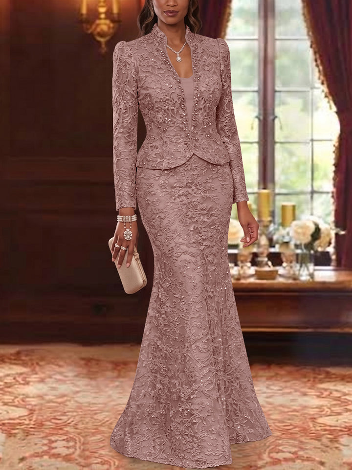 2 Pieces Trumpet/Mermaid V-Neck Lace Mother of the Bride Dresses with Jacket Long Sleeves Floor-Length Floral