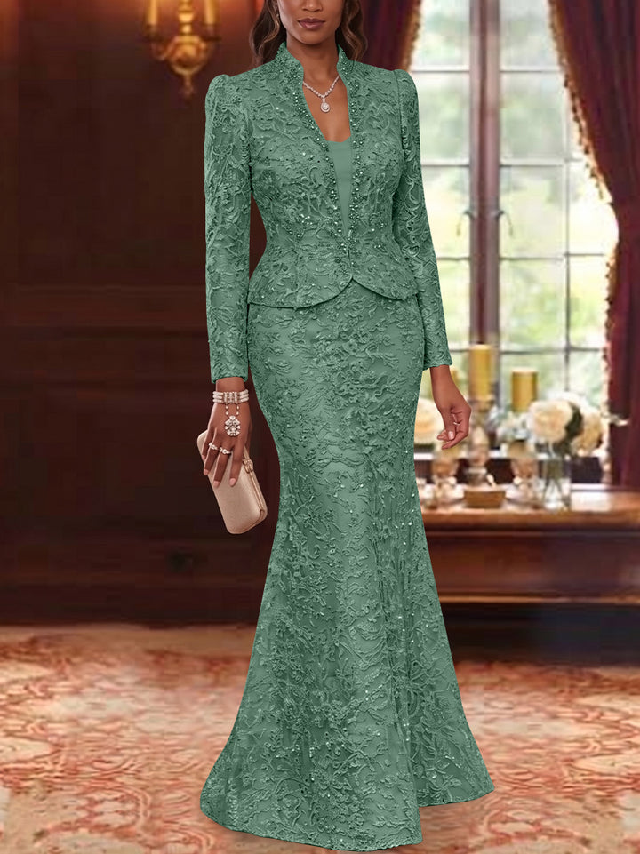2 Pieces Trumpet/Mermaid V-Neck Lace Mother of the Bride Dresses with Jacket Long Sleeves Floor-Length Floral