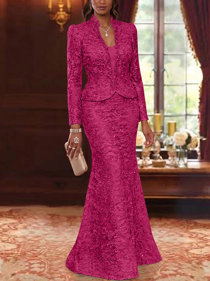 2 Pieces Trumpet/Mermaid V-Neck Lace Mother of the Bride Dresses with Jacket Long Sleeves Floor-Length Floral