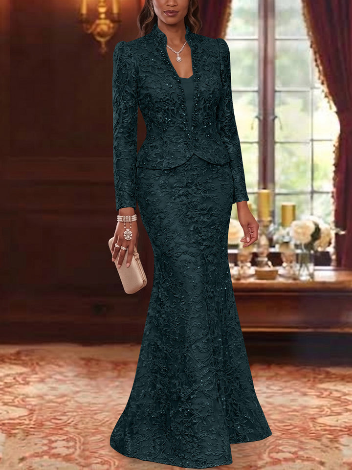 2 Pieces Trumpet/Mermaid V-Neck Lace Mother of the Bride Dresses with Jacket Long Sleeves Floor-Length Floral