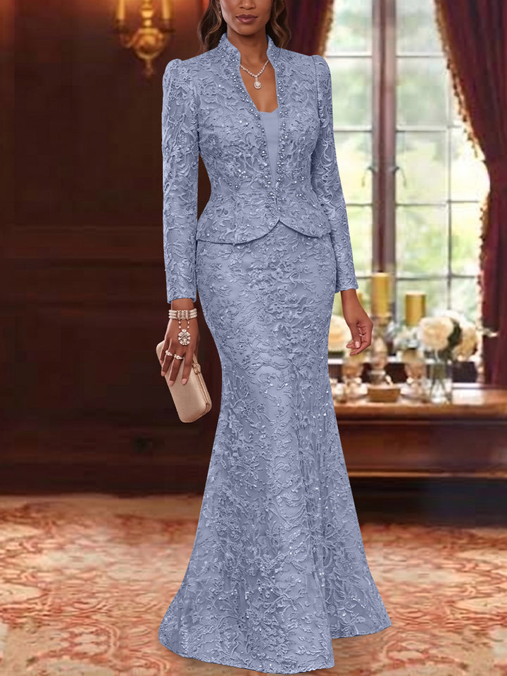 2 Pieces Trumpet/Mermaid V-Neck Lace Mother of the Bride Dresses with Jacket Long Sleeves Floor-Length Floral