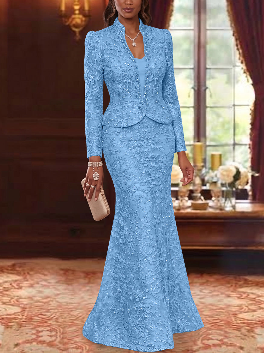 2 Pieces Trumpet/Mermaid V-Neck Lace Mother of the Bride Dresses with Jacket Long Sleeves Floor-Length Floral