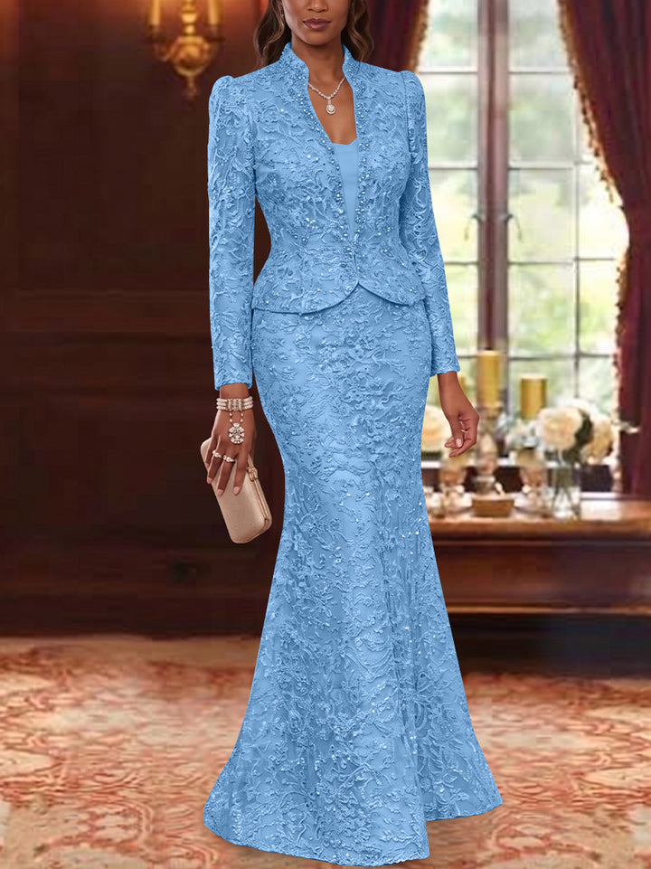 2 Pieces Trumpet/Mermaid V-Neck Lace Mother of the Bride Dresses with Jacket Long Sleeves Floor-Length Floral
