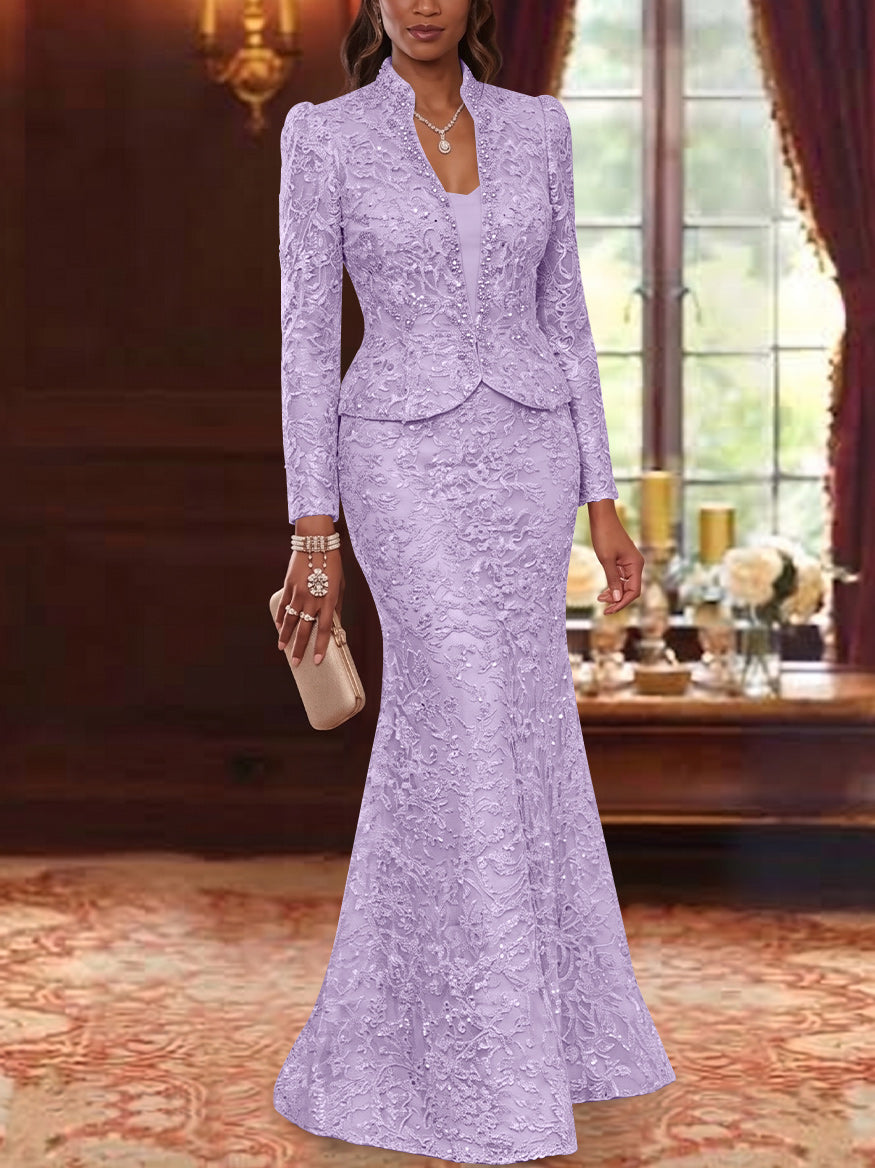 2 Pieces Trumpet/Mermaid V-Neck Lace Mother of the Bride Dresses with Jacket Long Sleeves Floor-Length Floral