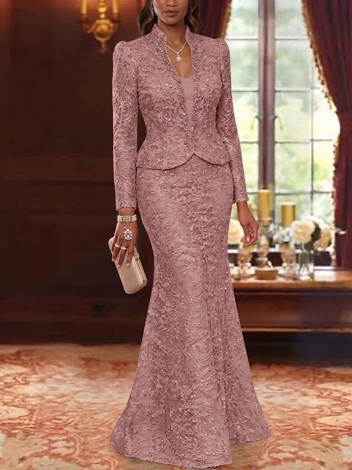 2 Pieces Trumpet/Mermaid V-Neck Lace Mother of the Bride Dresses with Jacket Long Sleeves Floor-Length Floral