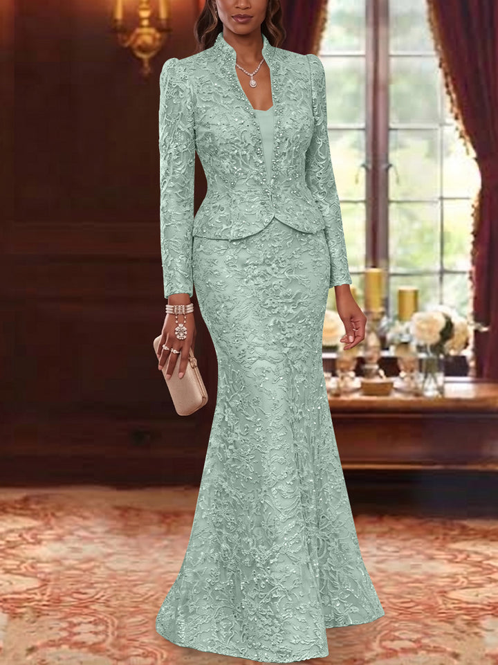 2 Pieces Trumpet/Mermaid V-Neck Lace Mother of the Bride Dresses with Jacket Long Sleeves Floor-Length Floral