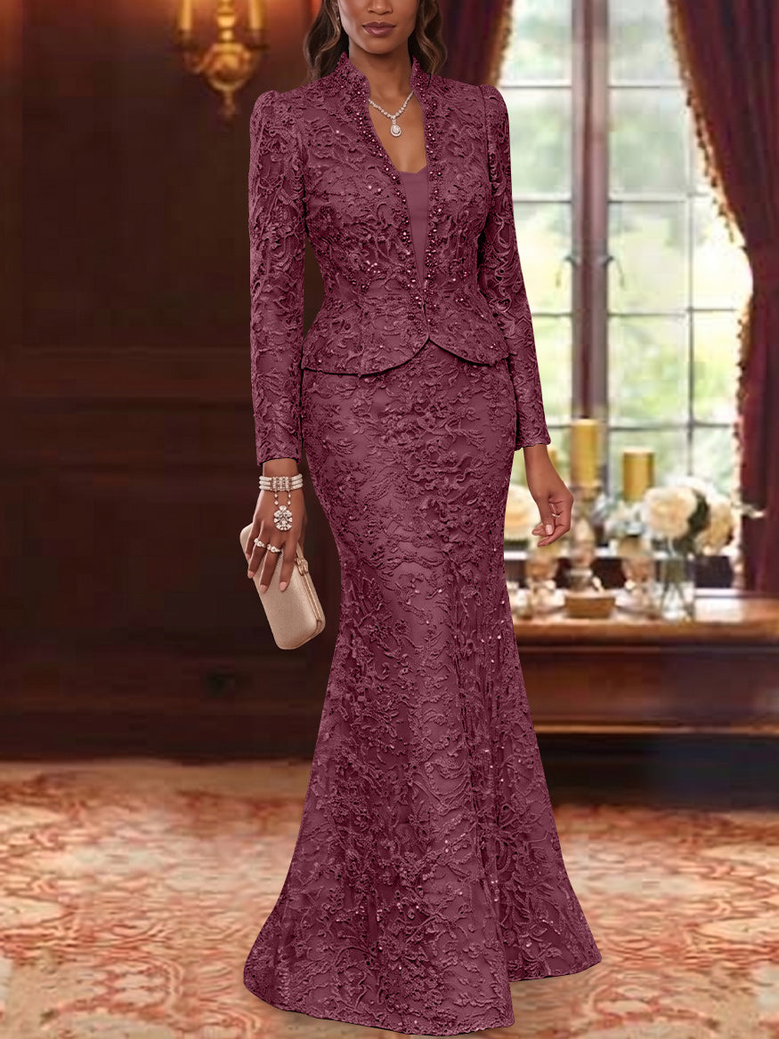 2 Pieces Trumpet/Mermaid V-Neck Lace Mother of the Bride Dresses with Jacket Long Sleeves Floor-Length Floral