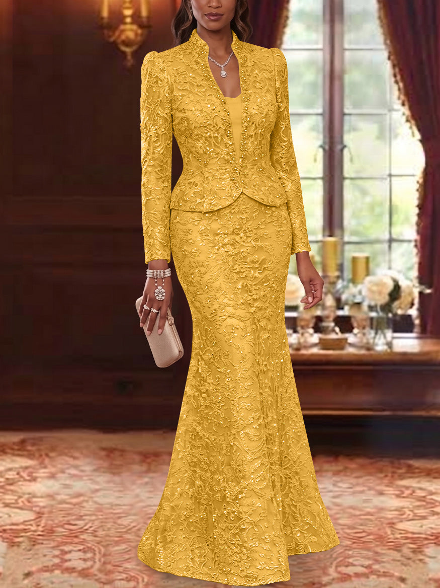 2 Pieces Trumpet/Mermaid V-Neck Lace Mother of the Bride Dresses with Jacket Long Sleeves Floor-Length Floral