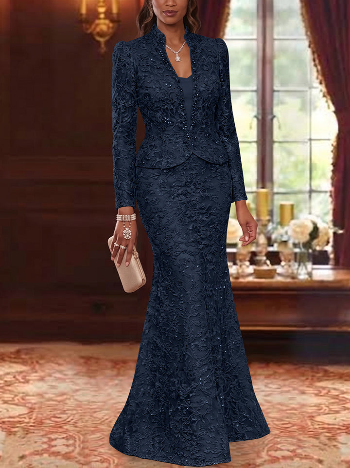2 Pieces Trumpet/Mermaid V-Neck Lace Mother of the Bride Dresses with Jacket Long Sleeves Floor-Length Floral