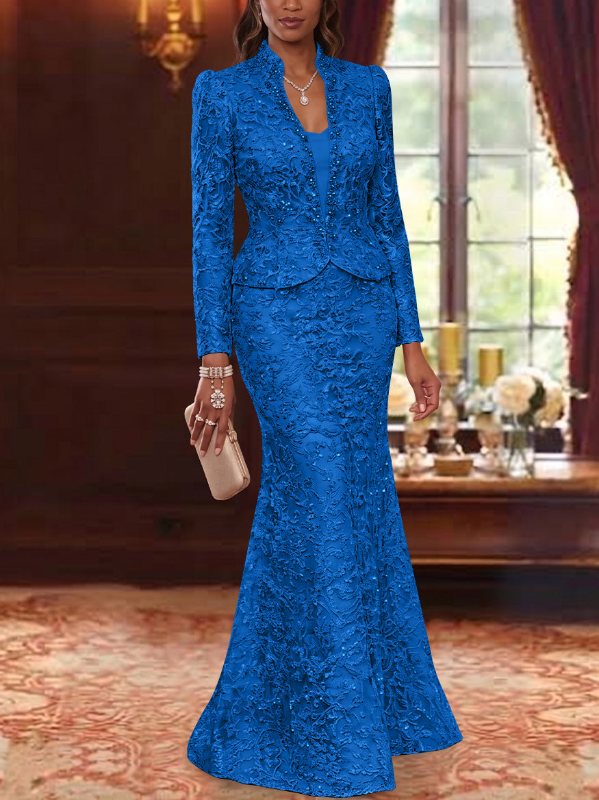2 Pieces Trumpet/Mermaid V-Neck Lace Mother of the Bride Dresses with Jacket Long Sleeves Floor-Length Floral