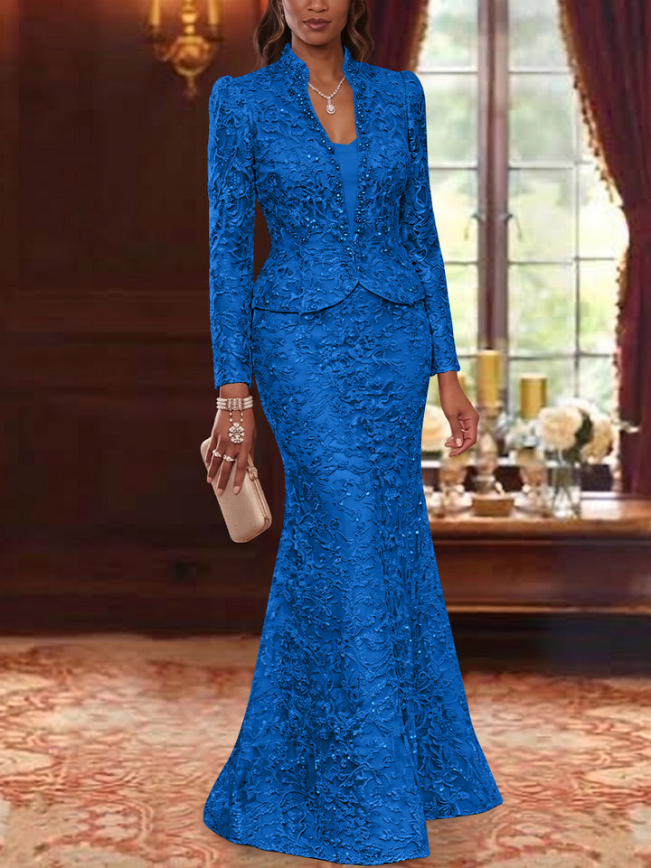 2 Pieces Trumpet/Mermaid V-Neck Lace Mother of the Bride Dresses with Jacket Long Sleeves Floor-Length Floral