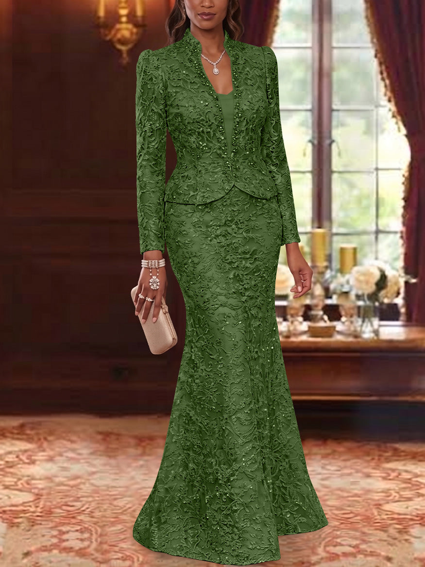 2 Pieces Trumpet/Mermaid V-Neck Lace Mother of the Bride Dresses with Jacket Long Sleeves Floor-Length Floral