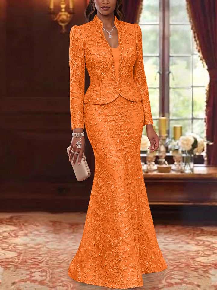 2 Pieces Trumpet/Mermaid V-Neck Lace Mother of the Bride Dresses with Jacket Long Sleeves Floor-Length Floral