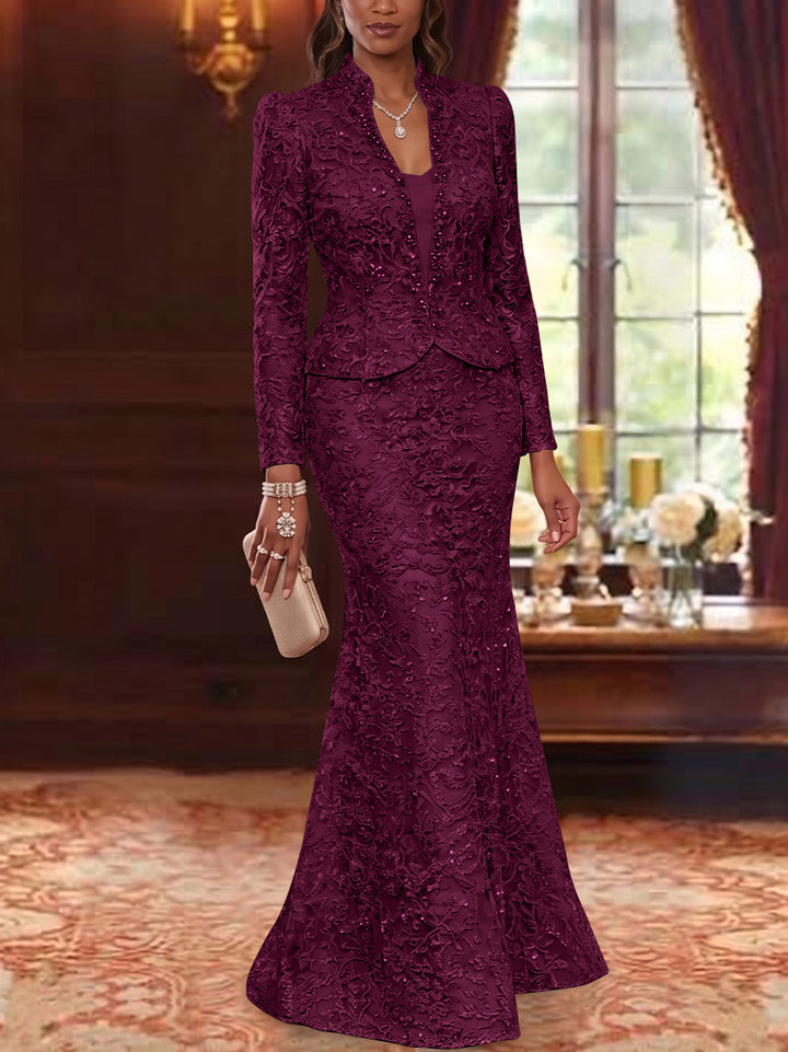 2 Pieces Trumpet/Mermaid V-Neck Lace Mother of the Bride Dresses with Jacket Long Sleeves Floor-Length Floral