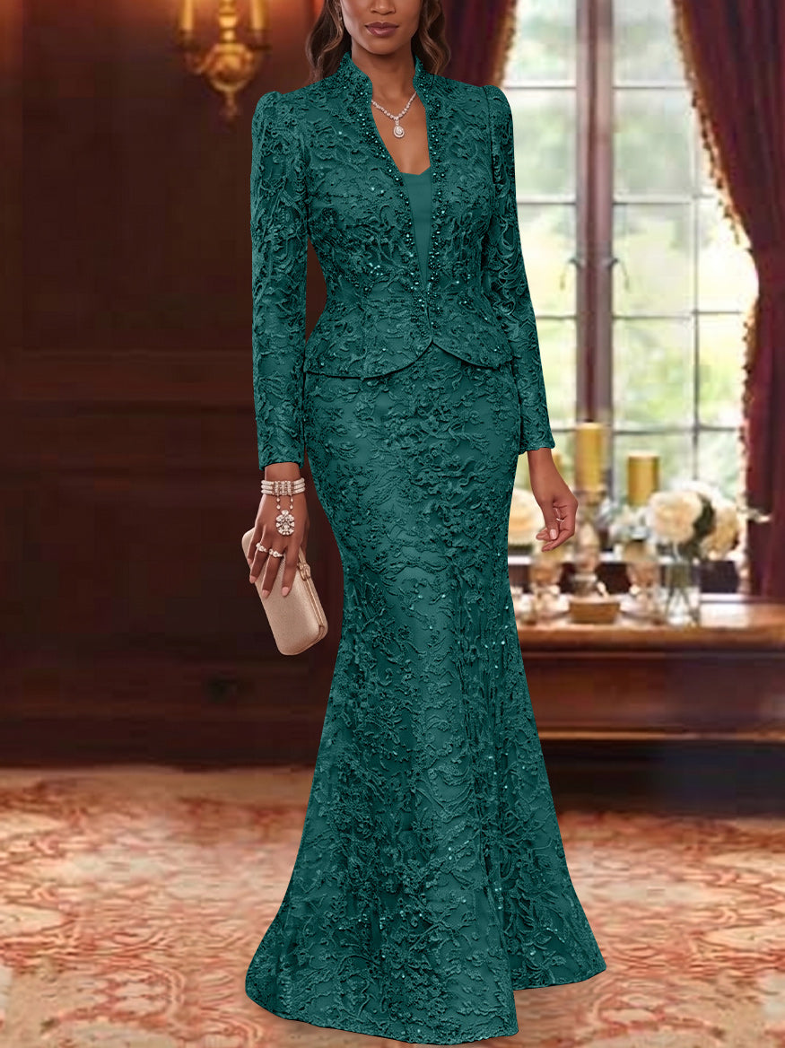 2 Pieces Trumpet/Mermaid V-Neck Lace Mother of the Bride Dresses with Jacket Long Sleeves Floor-Length Floral