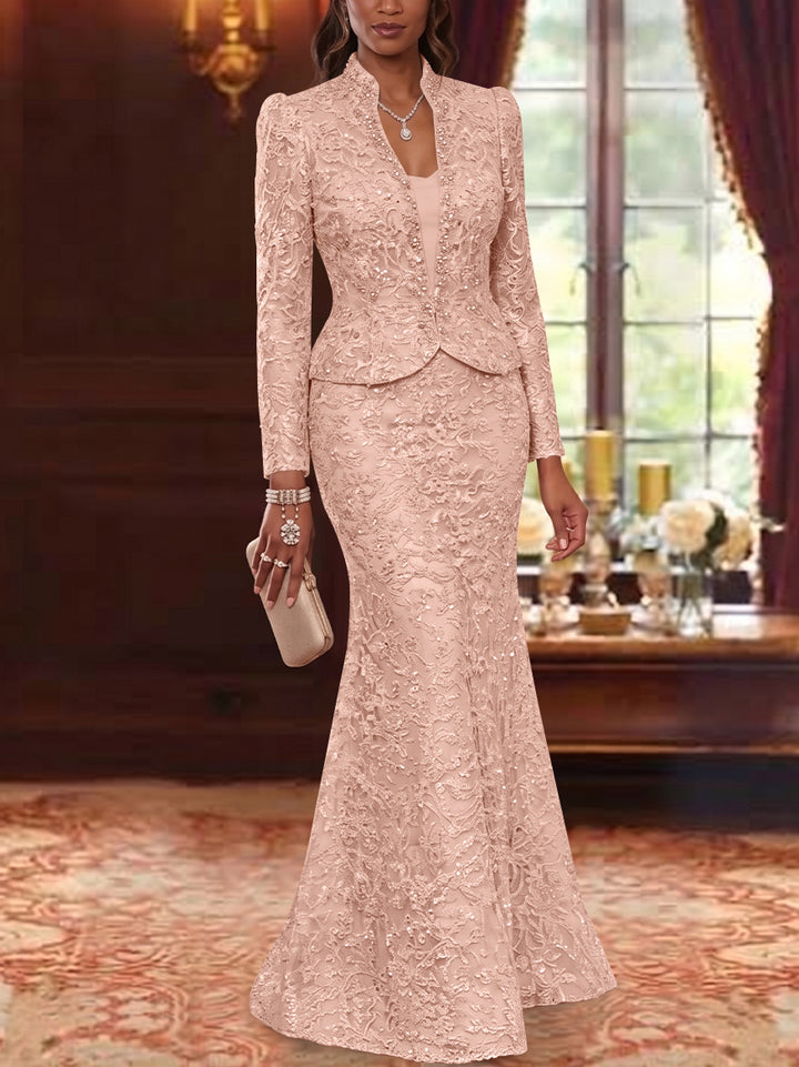 2 Pieces Trumpet/Mermaid V-Neck Lace Mother of the Bride Dresses with Jacket Long Sleeves Floor-Length Floral