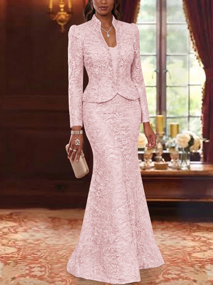 2 Pieces Trumpet/Mermaid V-Neck Lace Mother of the Bride Dresses with Jacket Long Sleeves Floor-Length Floral