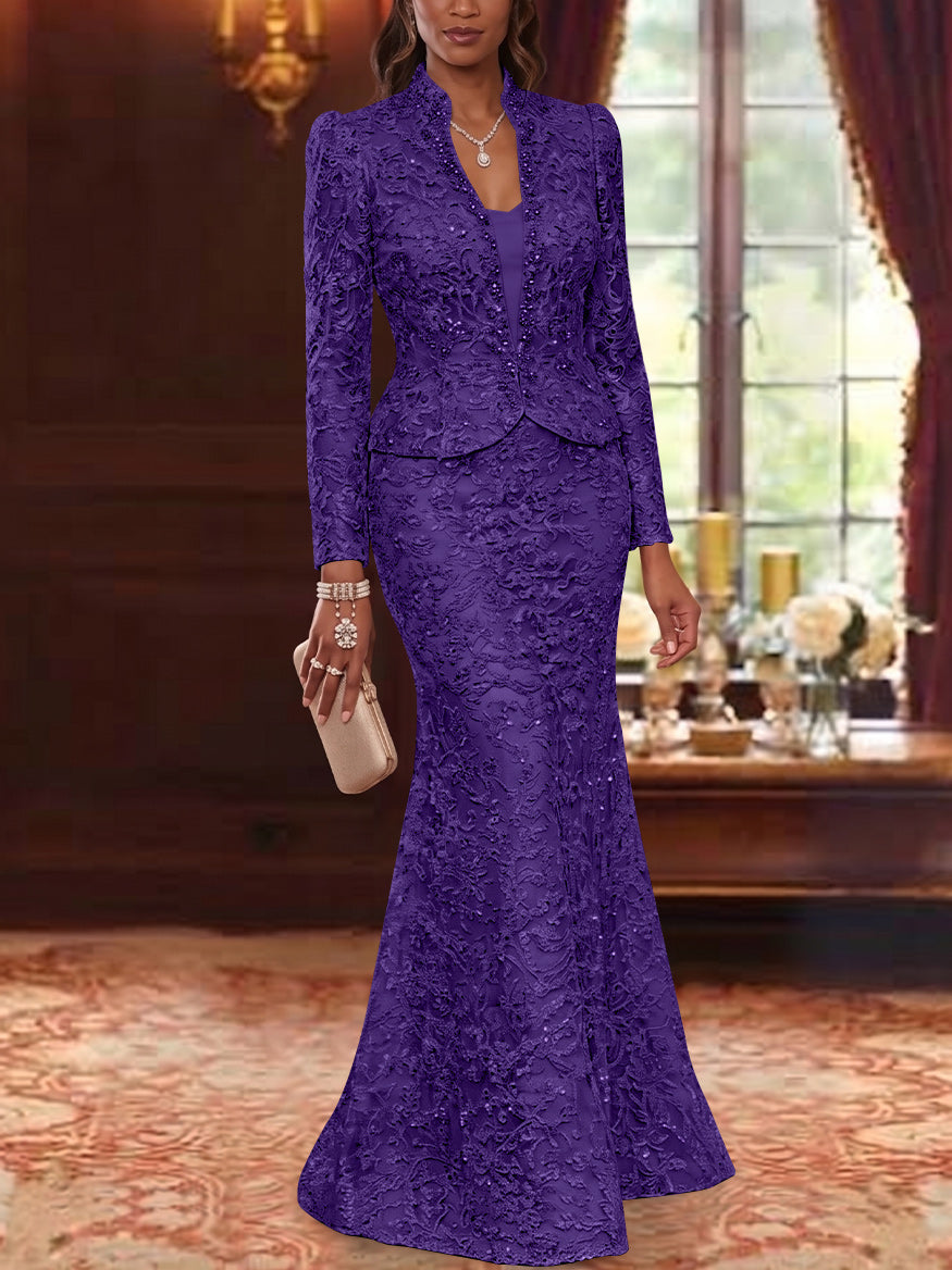 2 Pieces Trumpet/Mermaid V-Neck Lace Mother of the Bride Dresses with Jacket Long Sleeves Floor-Length Floral