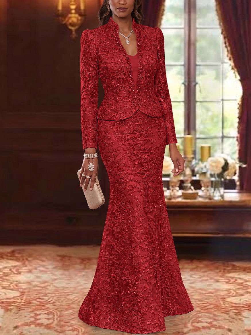 2 Pieces Trumpet/Mermaid V-Neck Lace Mother of the Bride Dresses with Jacket Long Sleeves Floor-Length Floral