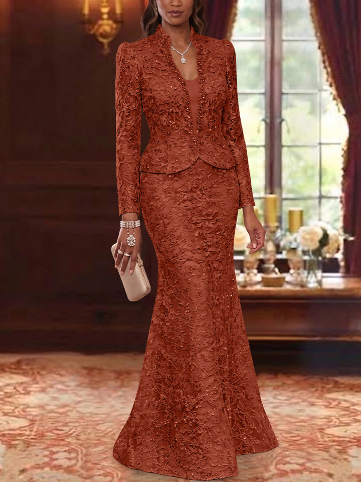 2 Pieces Trumpet/Mermaid V-Neck Lace Mother of the Bride Dresses with Jacket Long Sleeves Floor-Length Floral