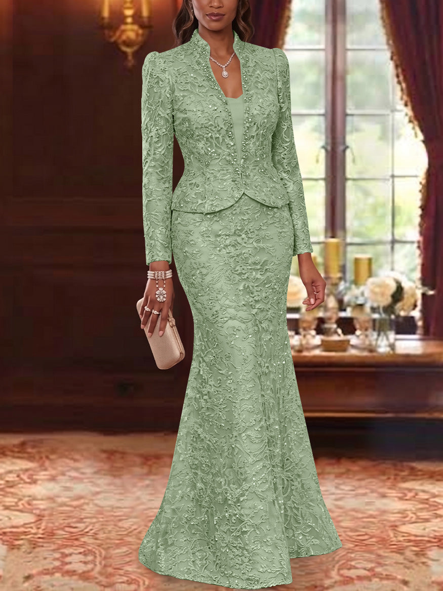 2 Pieces Trumpet/Mermaid V-Neck Lace Mother of the Bride Dresses with Jacket Long Sleeves Floor-Length Floral