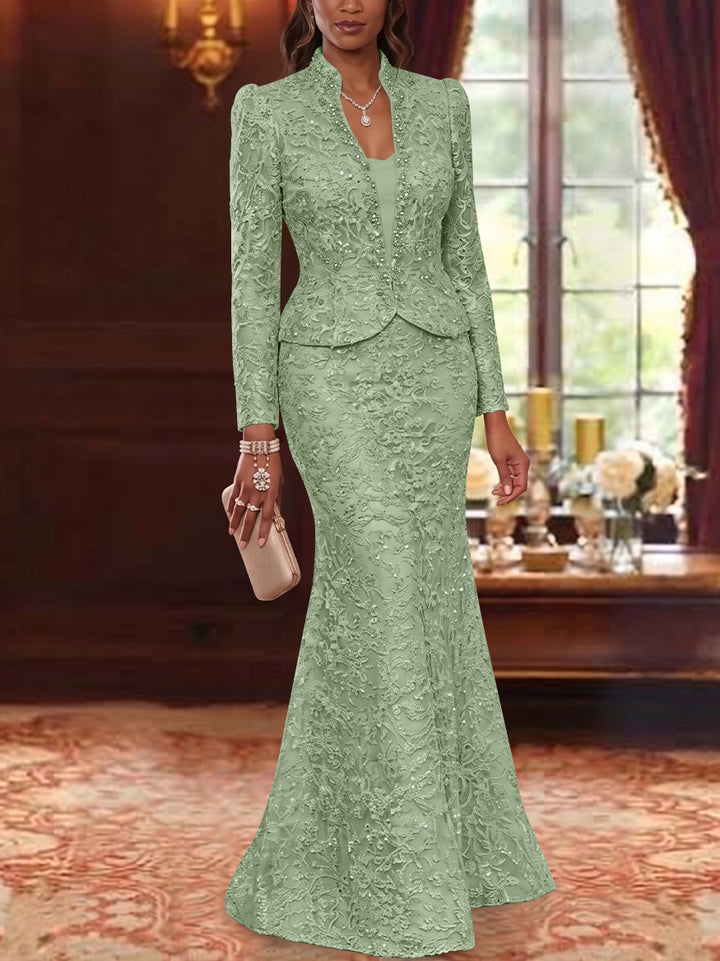 2 Pieces Trumpet/Mermaid V-Neck Lace Mother of the Bride Dresses with Jacket Long Sleeves Floor-Length Floral
