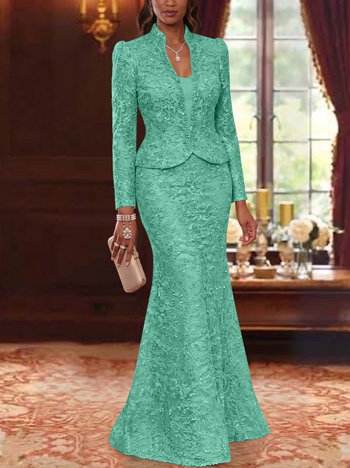 2 Pieces Trumpet/Mermaid V-Neck Lace Mother of the Bride Dresses with Jacket Long Sleeves Floor-Length Floral