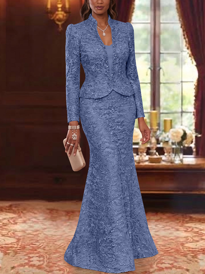 2 Pieces Trumpet/Mermaid V-Neck Lace Mother of the Bride Dresses with Jacket Long Sleeves Floor-Length Floral