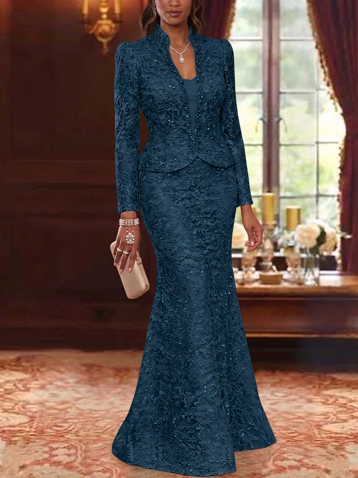 2 Pieces Trumpet/Mermaid V-Neck Lace Mother of the Bride Dresses with Jacket Long Sleeves Floor-Length Floral