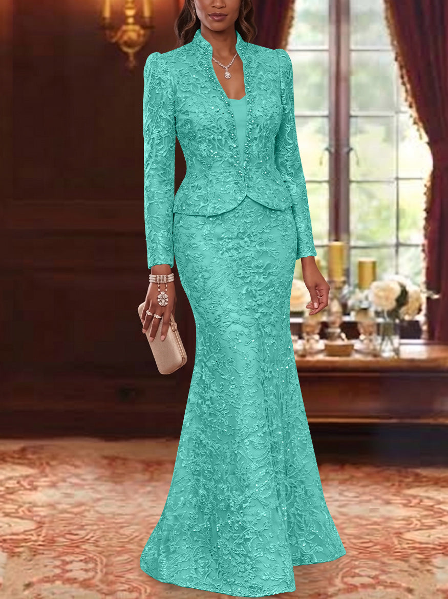 2 Pieces Trumpet/Mermaid V-Neck Lace Mother of the Bride Dresses with Jacket Long Sleeves Floor-Length Floral