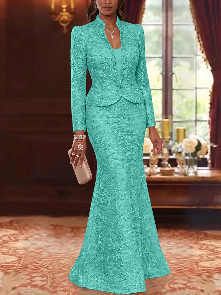 2 Pieces Trumpet/Mermaid V-Neck Lace Mother of the Bride Dresses with Jacket Long Sleeves Floor-Length Floral
