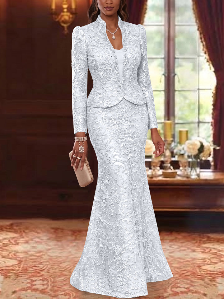 2 Pieces Trumpet/Mermaid V-Neck Lace Mother of the Bride Dresses with Jacket Long Sleeves Floor-Length Floral