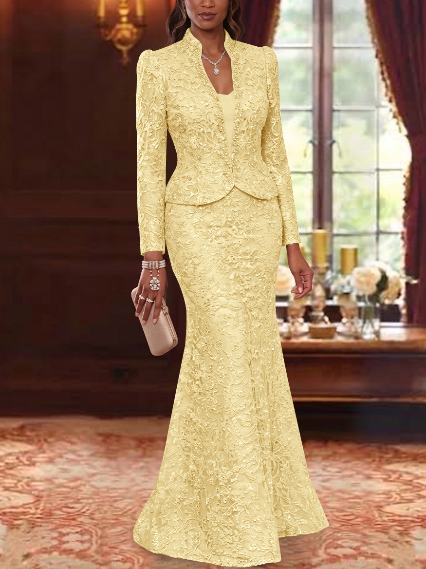 2 Pieces Trumpet/Mermaid V-Neck Lace Mother of the Bride Dresses with Jacket Long Sleeves Floor-Length Floral