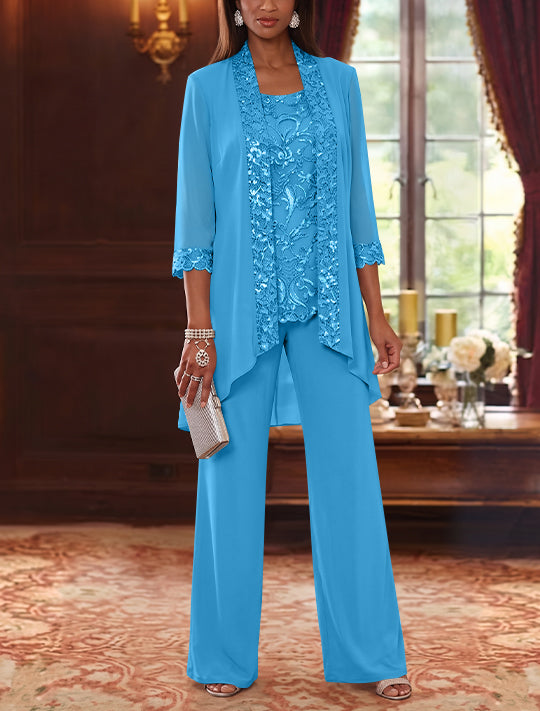 3 Pieces Scoop Chiffon Mother of the Bride Pantsuits with Jacket 3/4 Sleeves Ankle-Length Floral Sequins