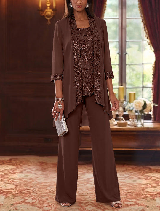 3 Pieces Scoop Chiffon Mother of the Bride Pantsuits with Jacket 3/4 Sleeves Ankle-Length Floral Sequins