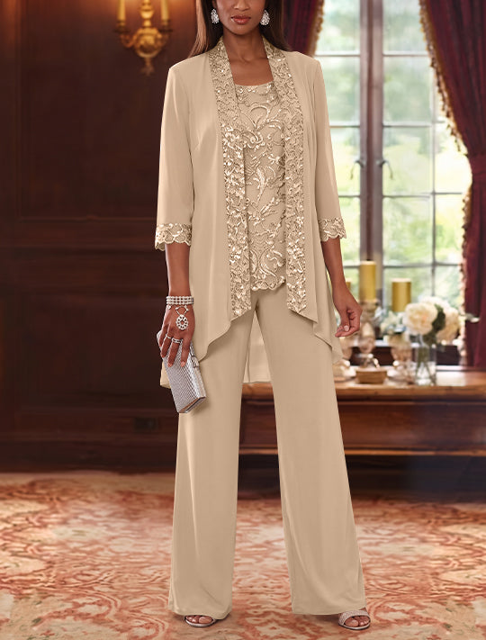 3 Pieces Scoop Chiffon Mother of the Bride Pantsuits with Jacket 3/4 Sleeves Ankle-Length Floral Sequins